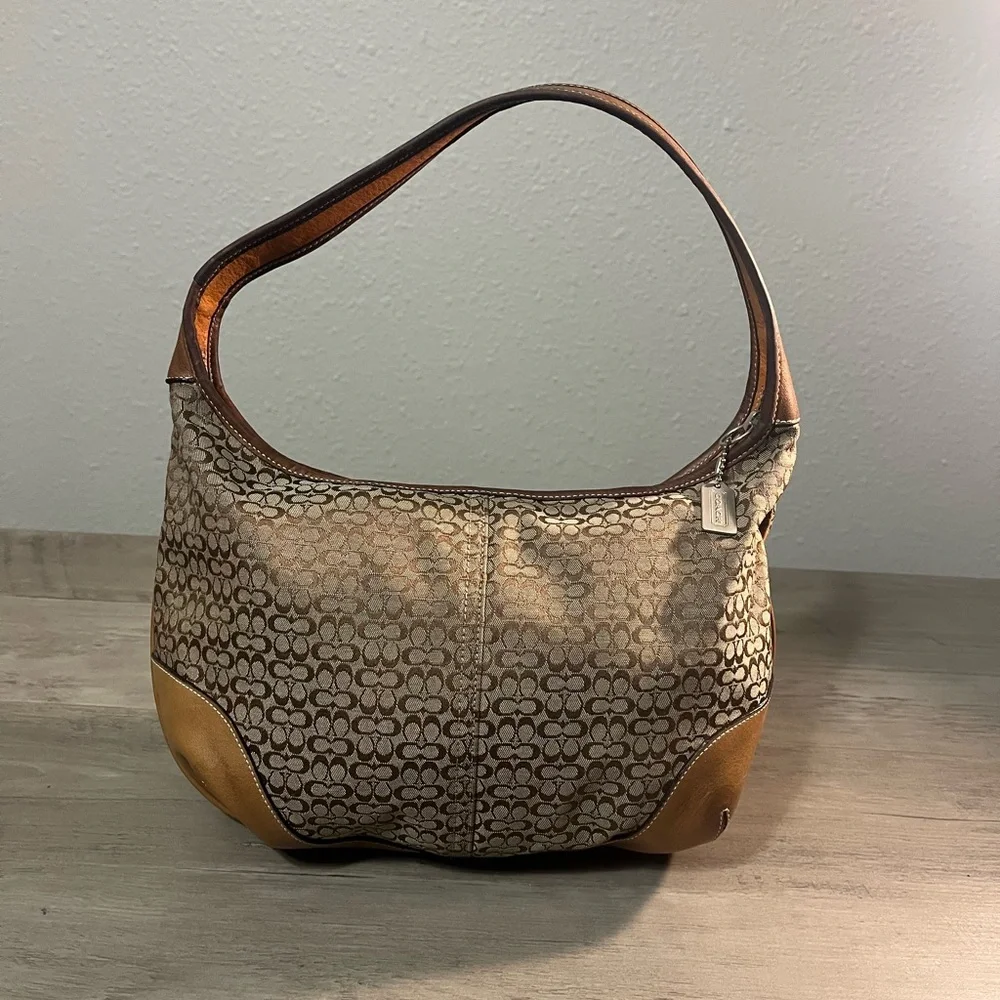 Coach Signature Monogram Hobo in Brown and Tan